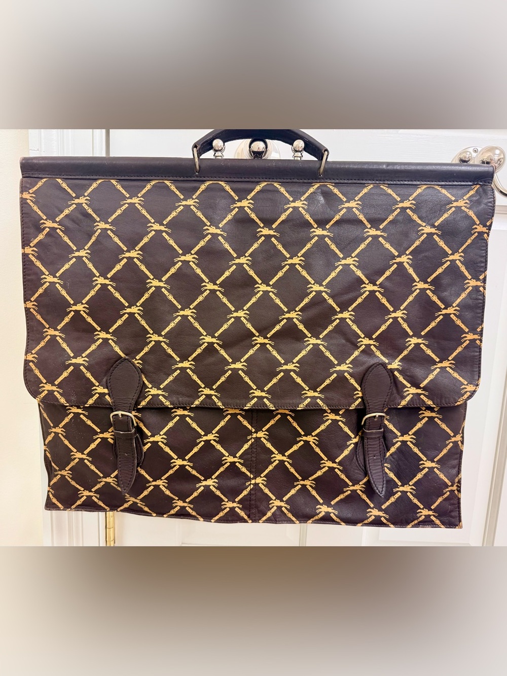 LONGCHAMP Vintage 80s Rare Unisex Leather Monogram Equestrian Garment Travel Bag